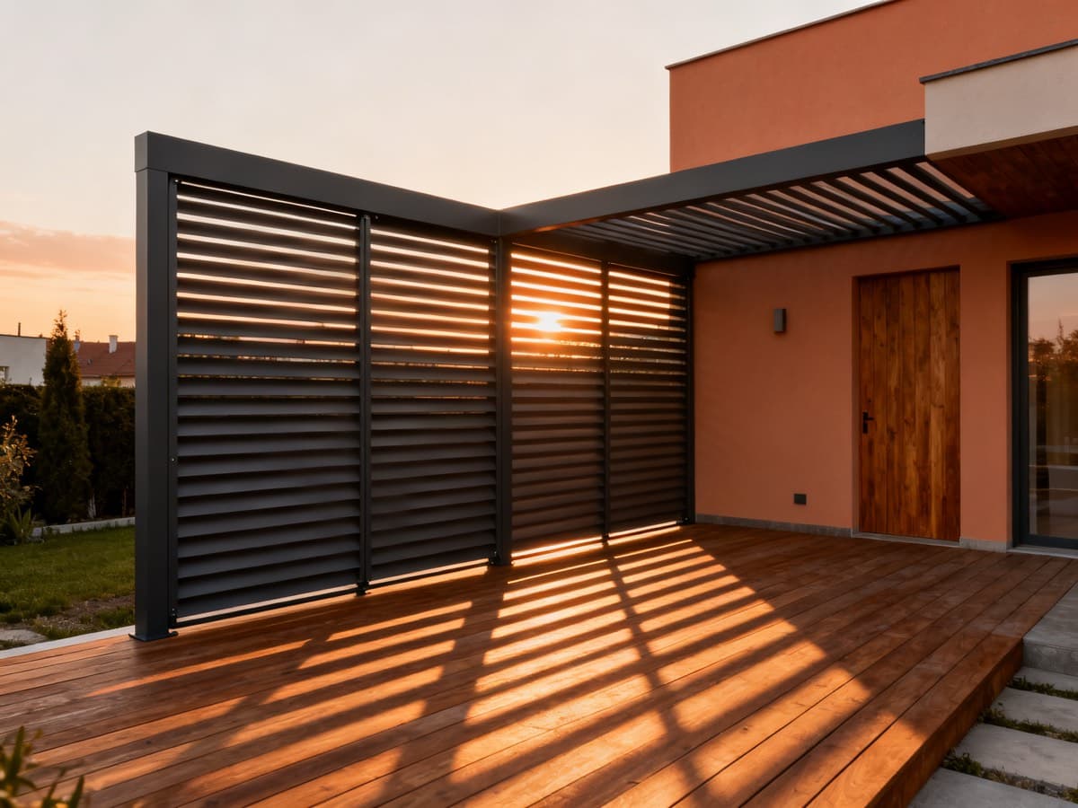 Pergolă în curte cu lamele de aluminiu care proiectează dungi de lumină pe deckul din lemn la apus