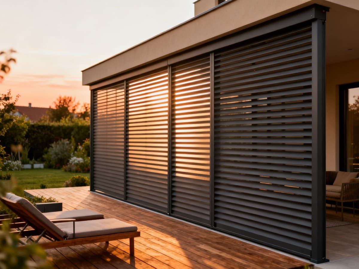 Terasă de casă modernă cu sistem de umbrire din lamele de aluminiu, deck din lemn și grădină în lumină de seară