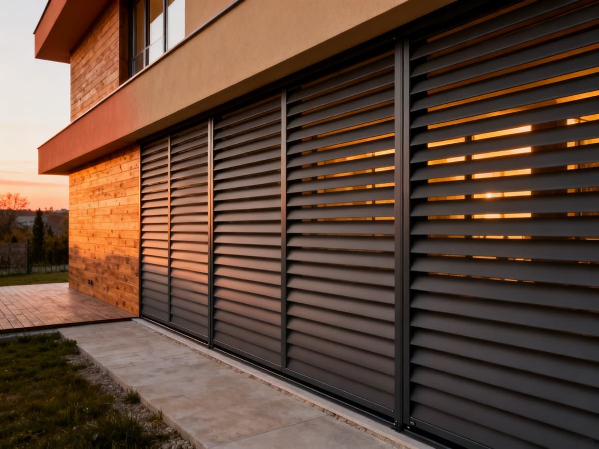 Casă modernă seara, cu lumină caldă filtrată prin panoul de lamele de aluminiu închis — efect de perete